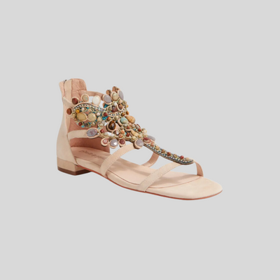 Nude flat sandals with stunning boho embellishments - zip at the heel to put them on. Neutral colours in detail