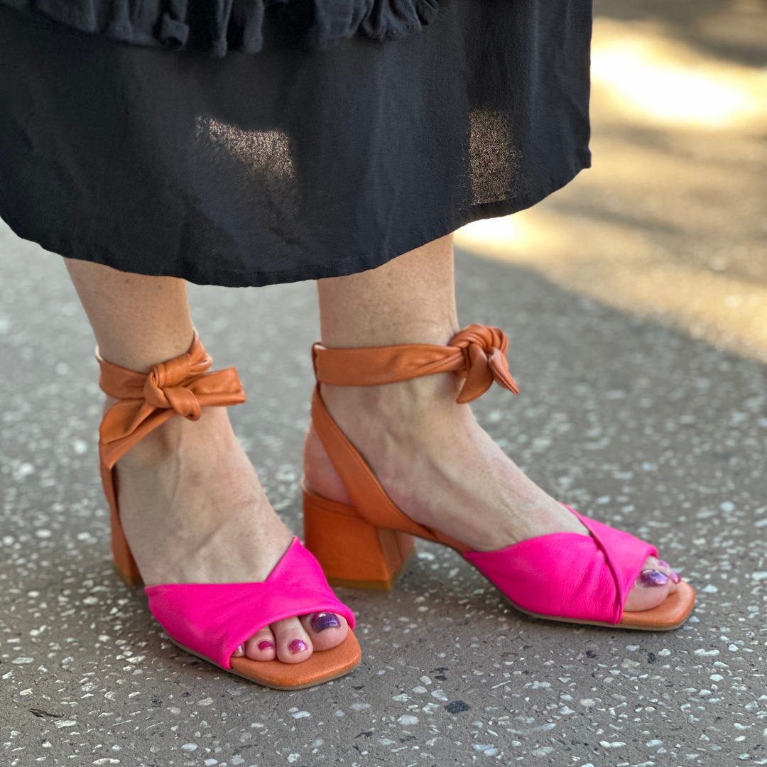 Pink and Orange low heel dressy sandals with tie around the ankle