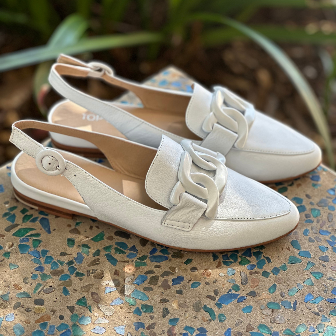 white sling back loafers 
