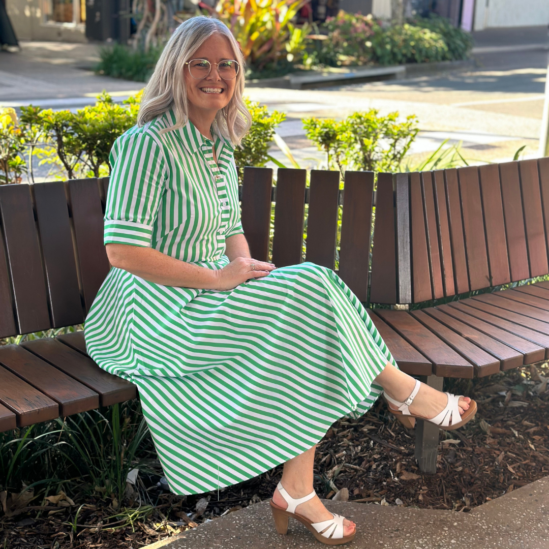 green stripe dress with white zeta heels