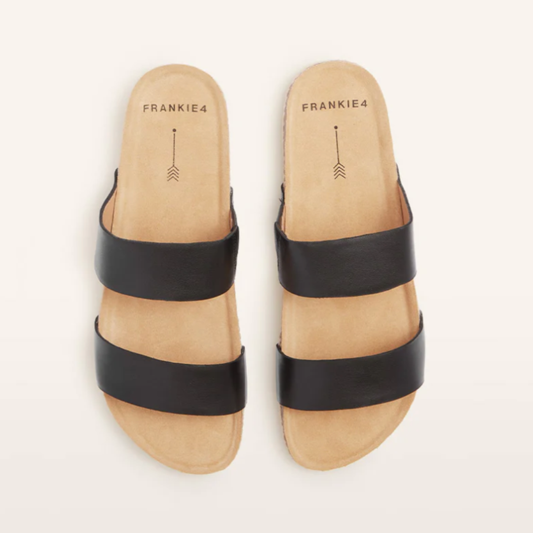 Pair of black sandals with 'FRANKIE4' branding on a light background