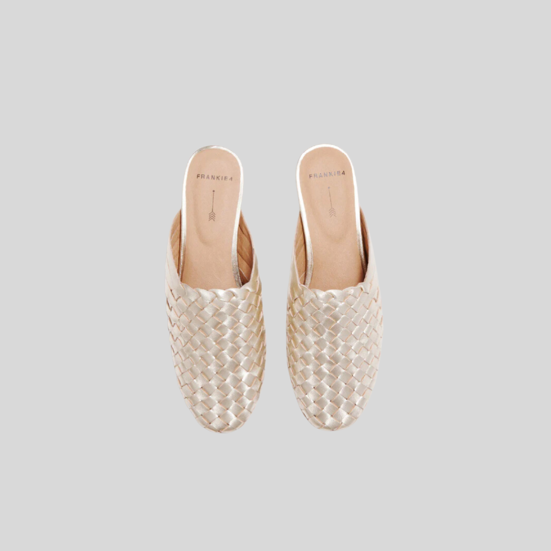 a pair of gold covered toe plaited leather mules by frankie4