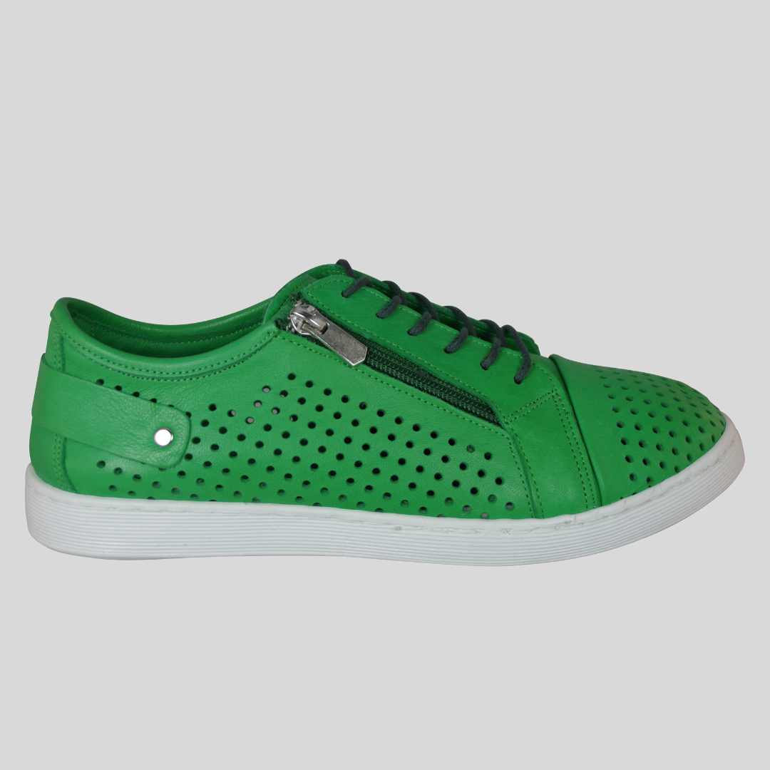 Green Leather sneakers with side zip and white sole.