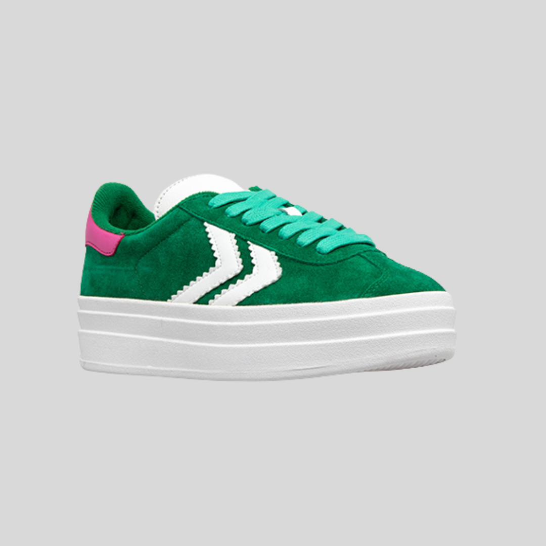 green platform sneaker with white platform soles