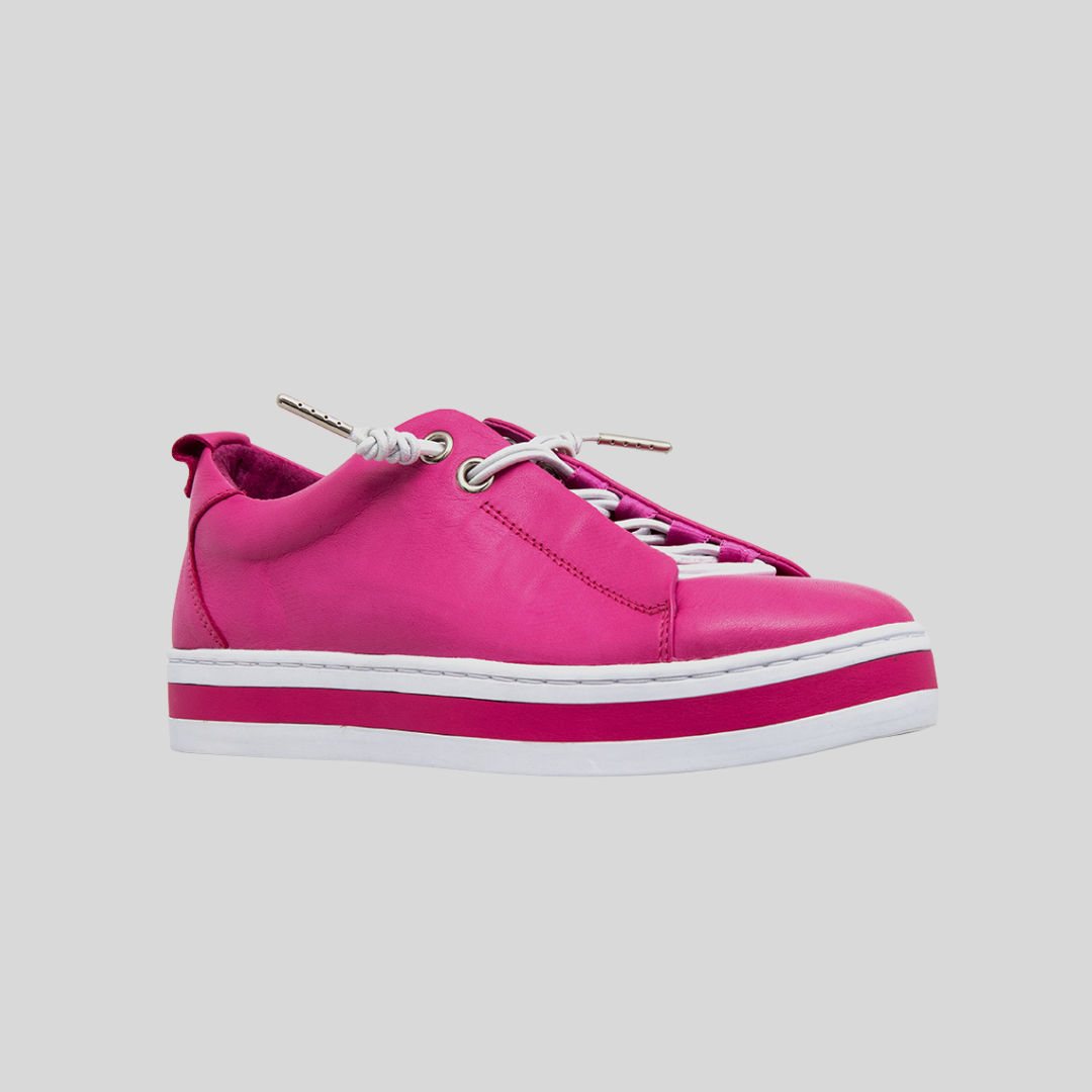 hot pink sneakers with white elastic laces