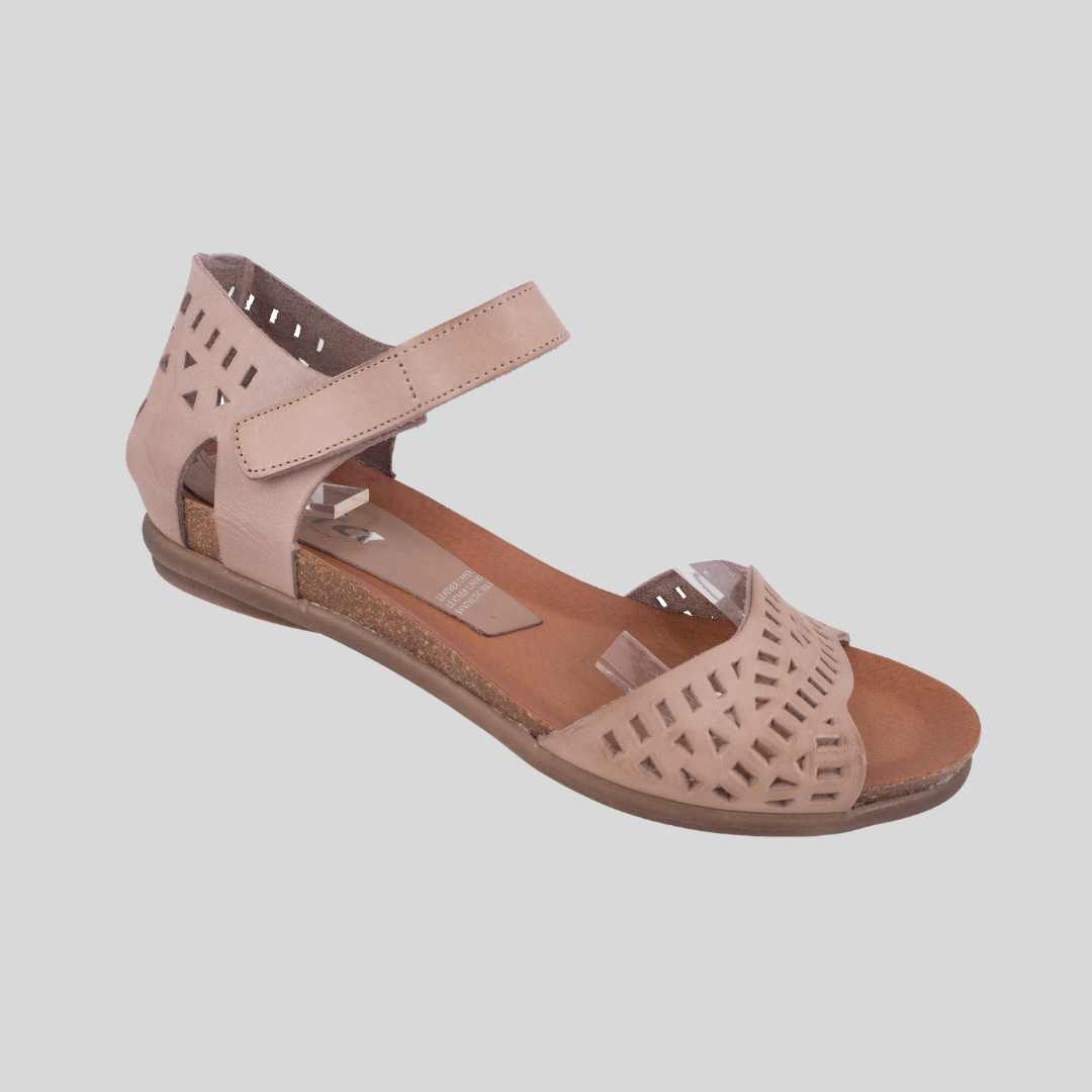 neutral taupe leather sandals with back in and toe out