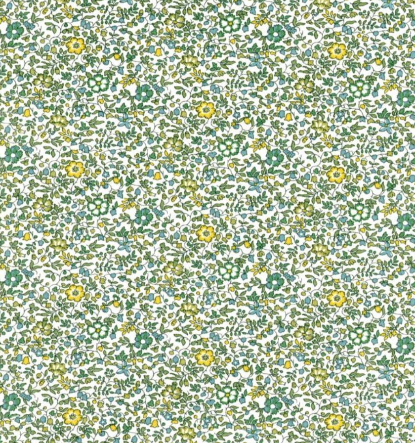 liberty fabric laces in a green and yellow floral pattern