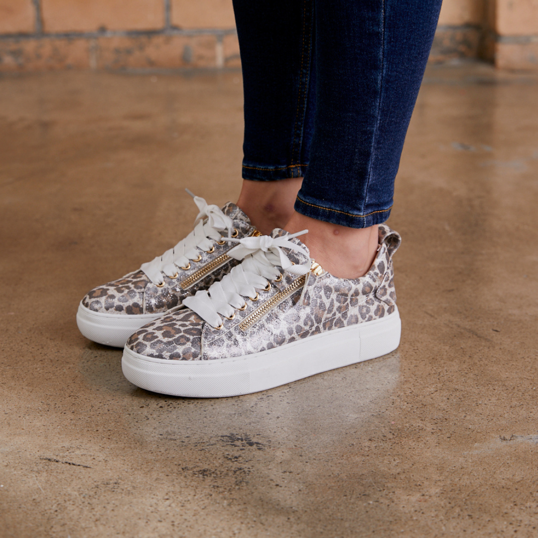 Shimmery leopard print sneakers with gold side zip
