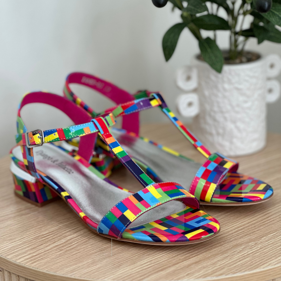 multi pink stripe patent sandals