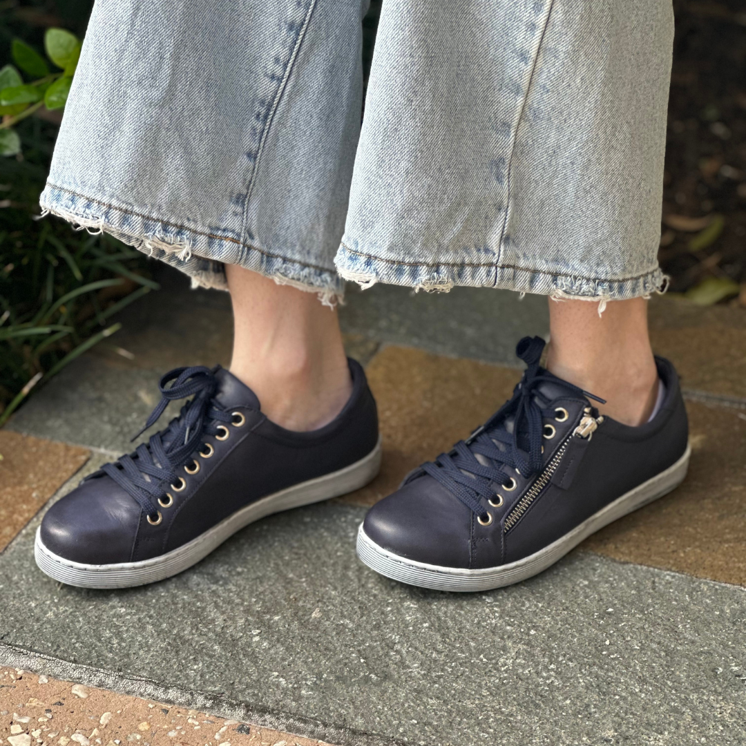 Navy womens sneakers with side zip