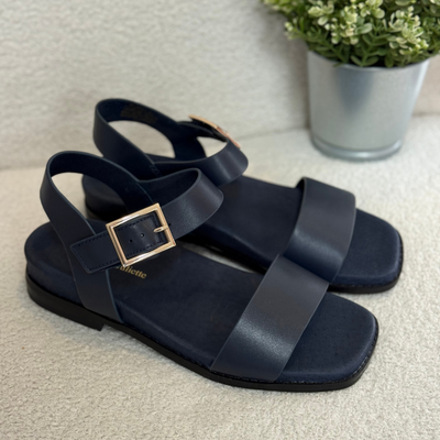 Navy sandals with a gold buckle on a light surface with a plant in the background