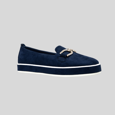 navy slip on shoes with gold buckle