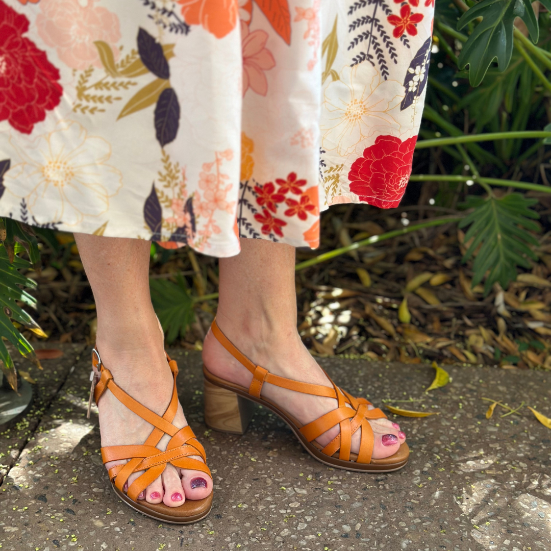 Orange strappy block heels