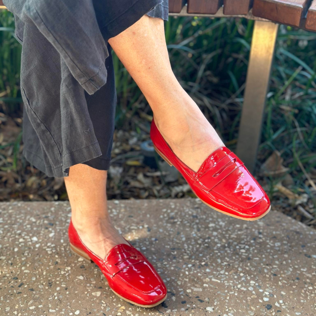 red patent slip on shoes