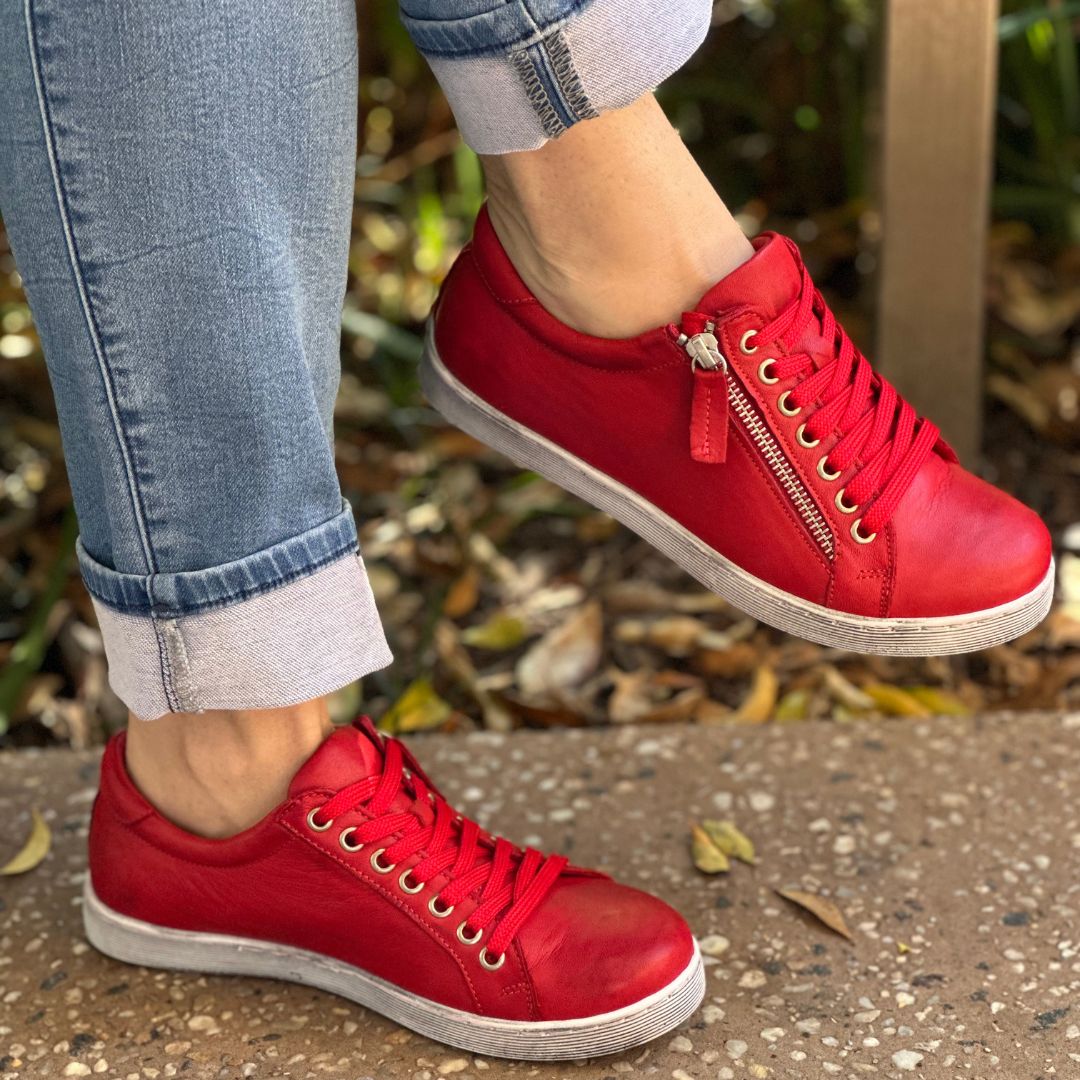 red leather sneakers 