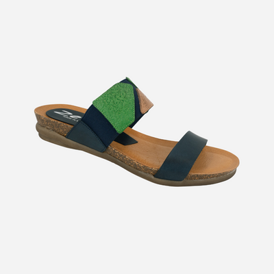 Navy slides with green and beige trim