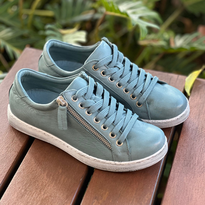 Petrol Blue rilassare leather sneakers with side zip for ease of putting on 