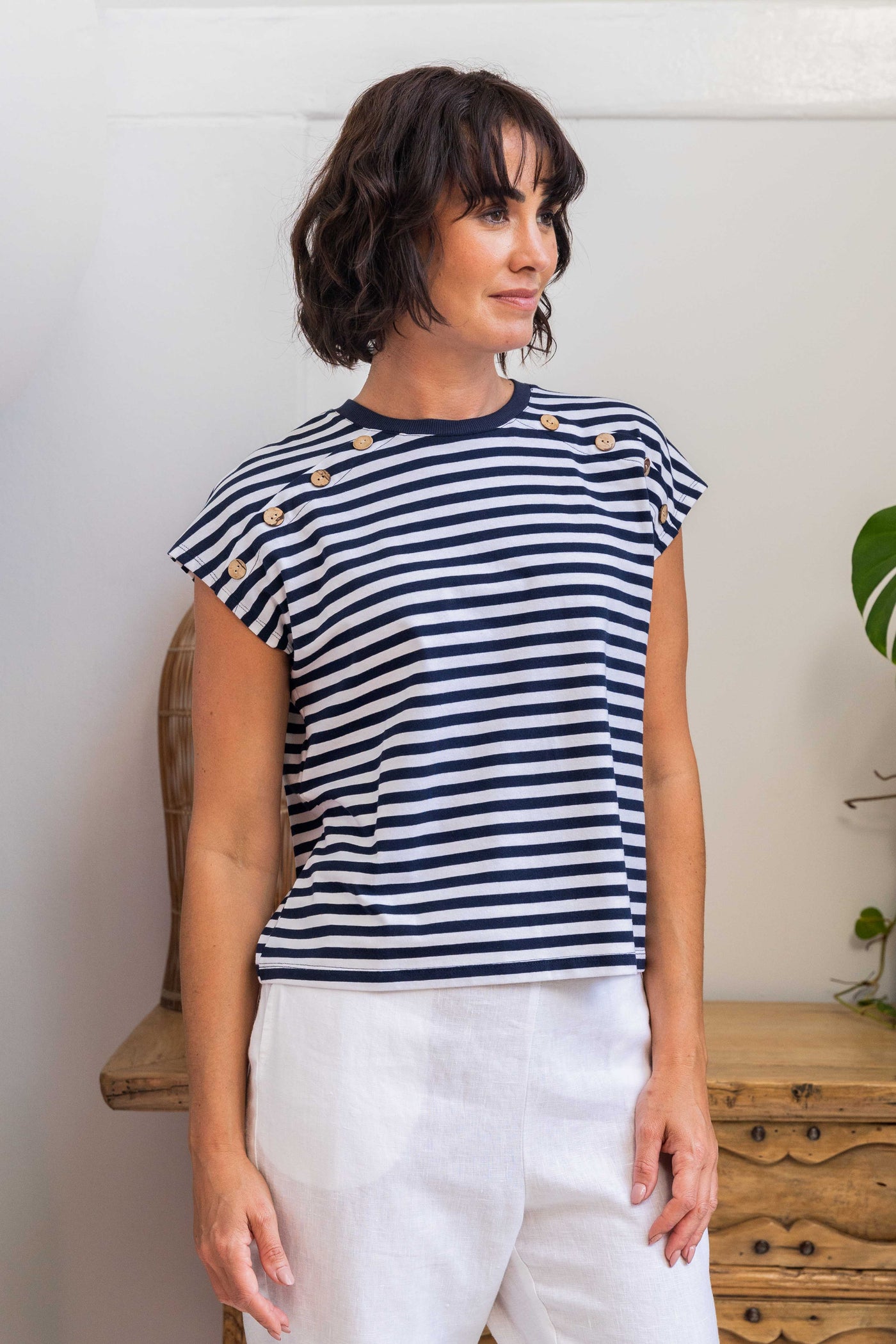 See Saw SS562N/W Cap Sleeve Top - Navy/White Stripe