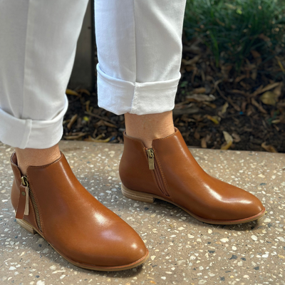 Tan low heel leather boots