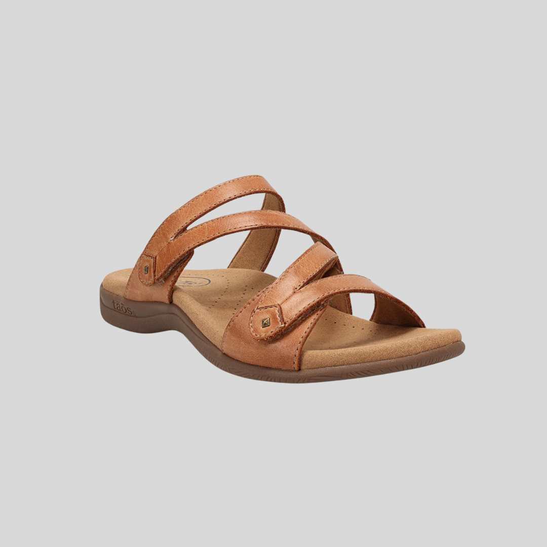 taos tan slides with double velcro straps and cushioned footbed