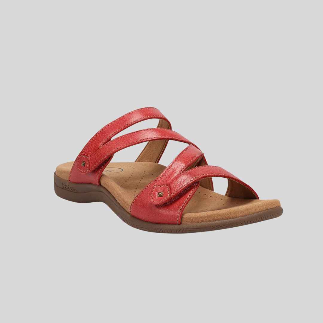 red leather slides with adjustable straps