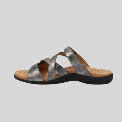 taos shoes slides pewter leather