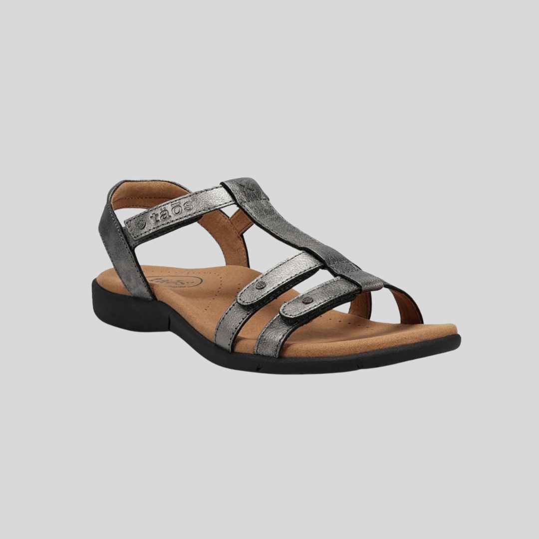 Pewter strappy leather sandals with arch support