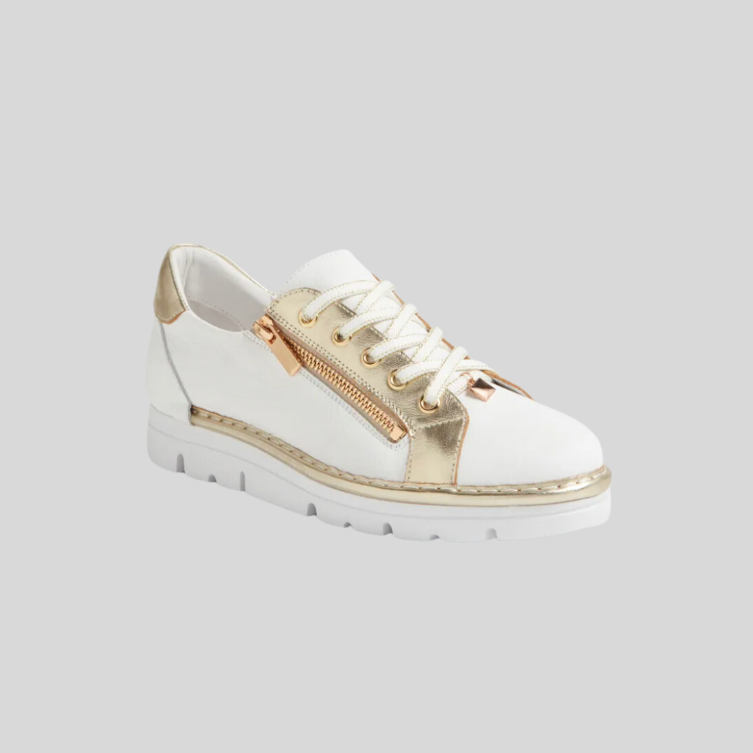 white with gold detail sneakers