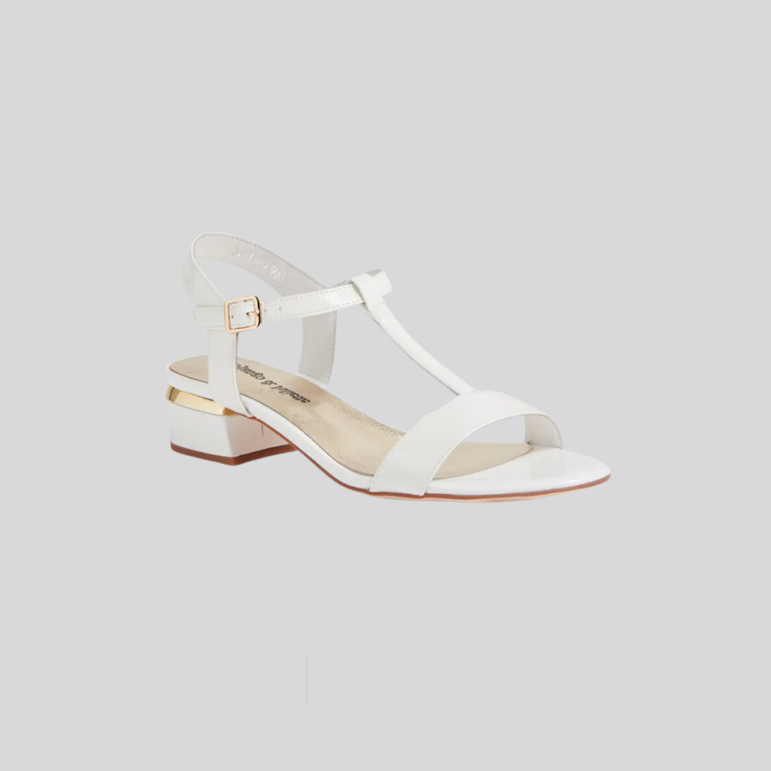 white patent low heel sandals