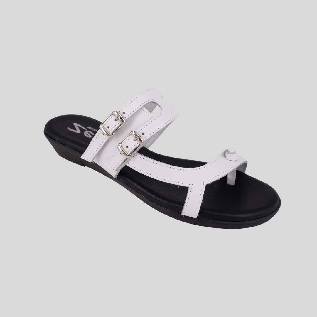 white slides with adjustable straps