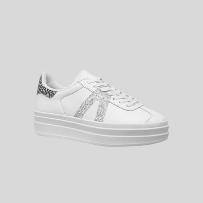 white leather platform sneakers with silver trim and leaoprd print heel trim