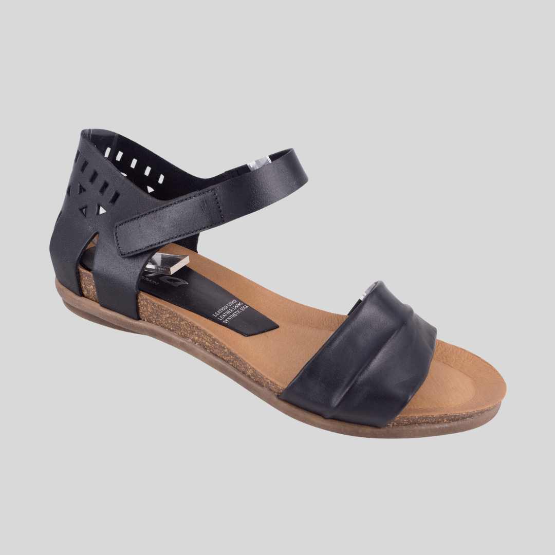 womens black leather closed back sandal iwth open toe. Soft leather upper