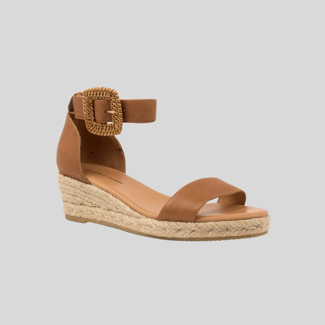 Low Tan womens wedges with Buckle on side
