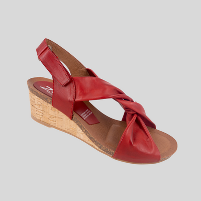 Red womens wedges soft leather velcro at bak strap