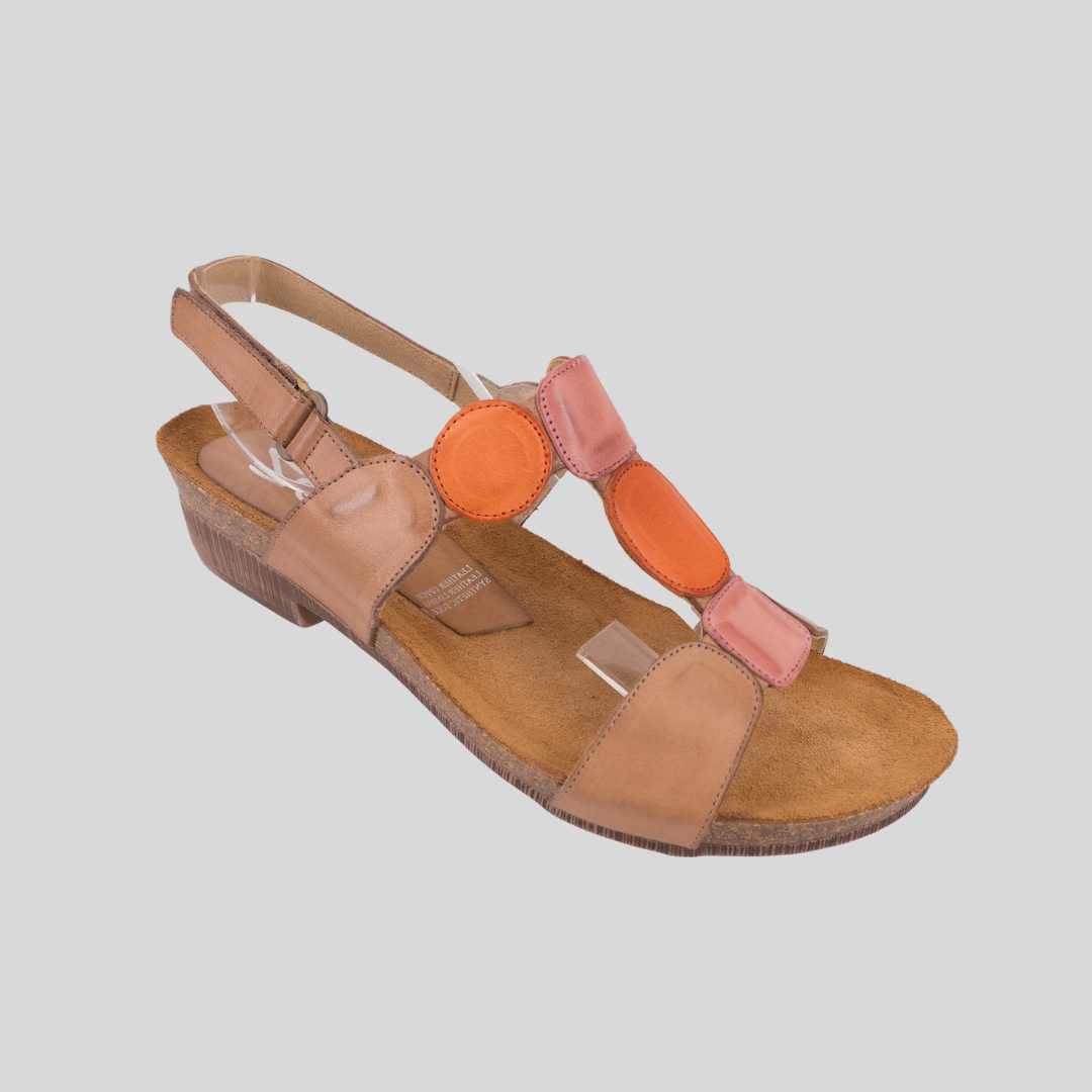 Beige tan sandal with orange and pink trim on the front
