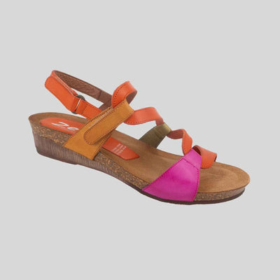 zeta osina leather sandal with a 4cm wedge heel. In Pink orange green and yellow straps