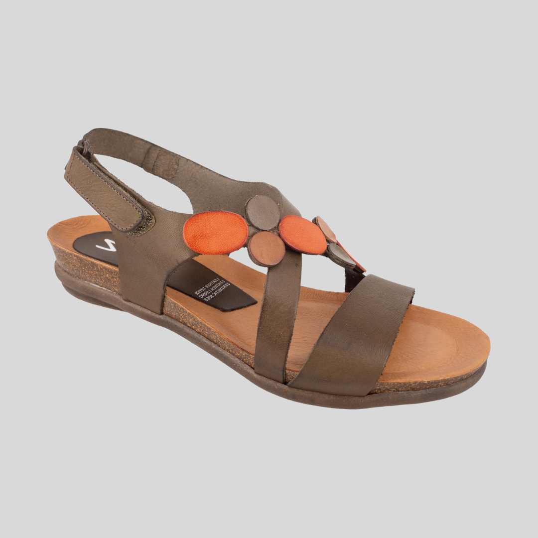 Khaki leather sandals with Coral detail - Velcro adjustability on back strap