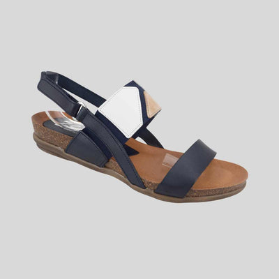 flat navy womens sandals with beige and white trim