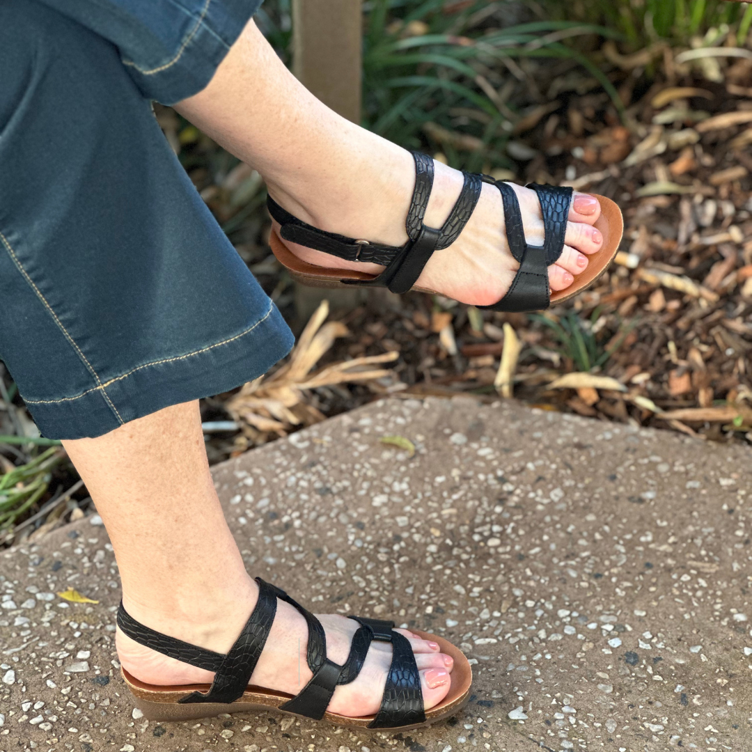 black low wedge sandals by Zeta Shoes