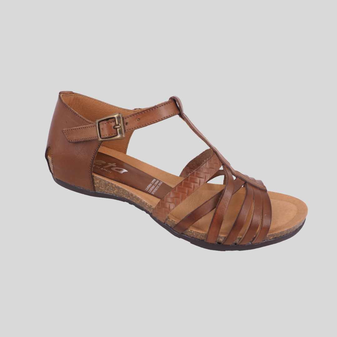 Camel - tan sandal with back in and strappy front. Buckle adjustment