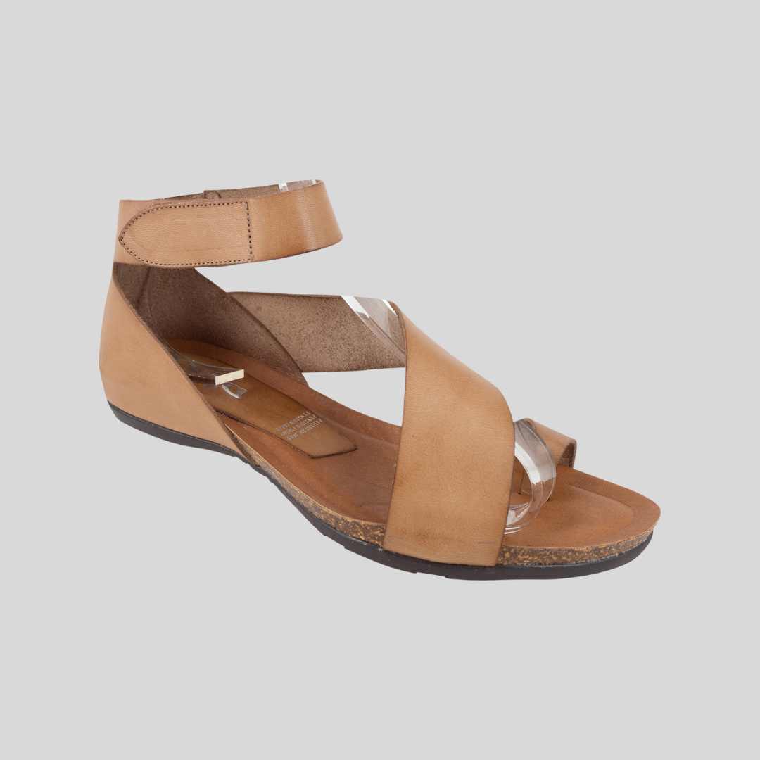 light tan leather flat sandals with toe peice and velcro strap around the heel