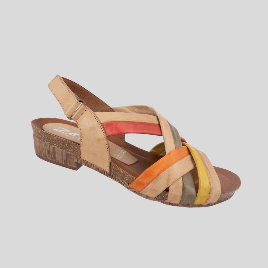 soft tubed leather womens sandals on a 4cm heel height. The colour is a taupe neutral colour with khaki orange and red trim. The back strap has a velcro adjustment 
