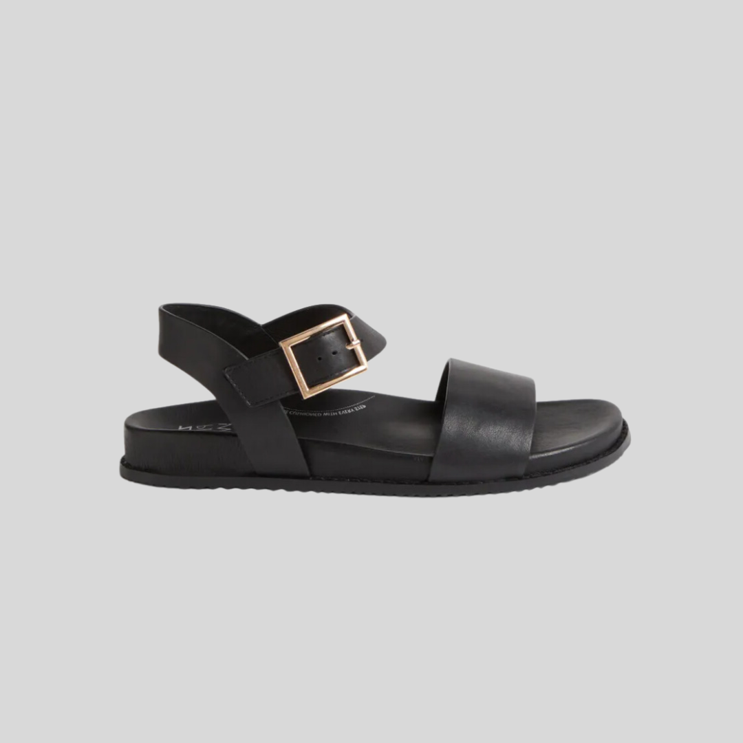 black sandals with velcro adjustment and arch support soles 
