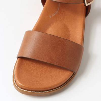 Tan sandals showing the  cushioning in the sole