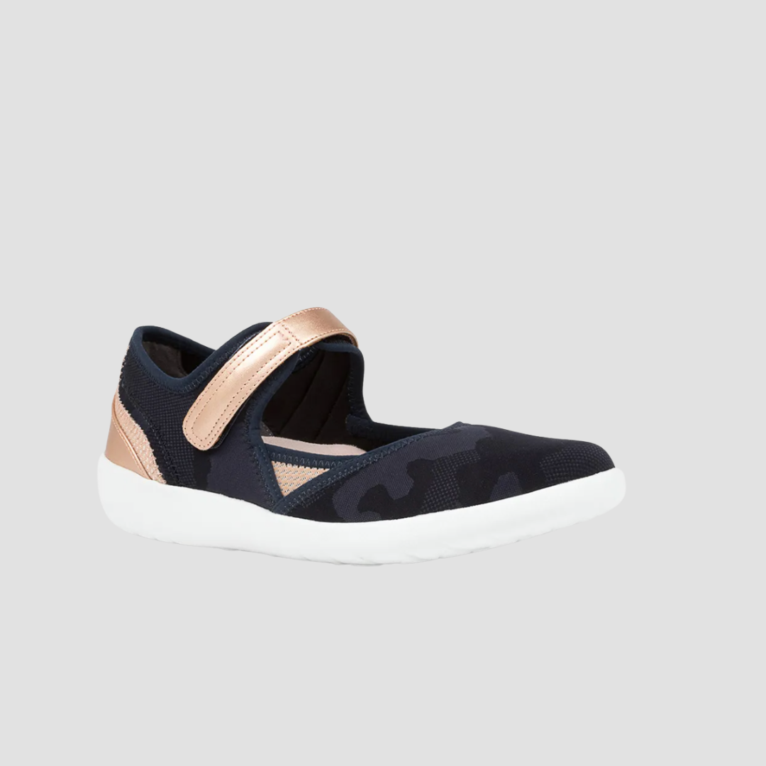 Navy blue shoe with a rose gold strap 