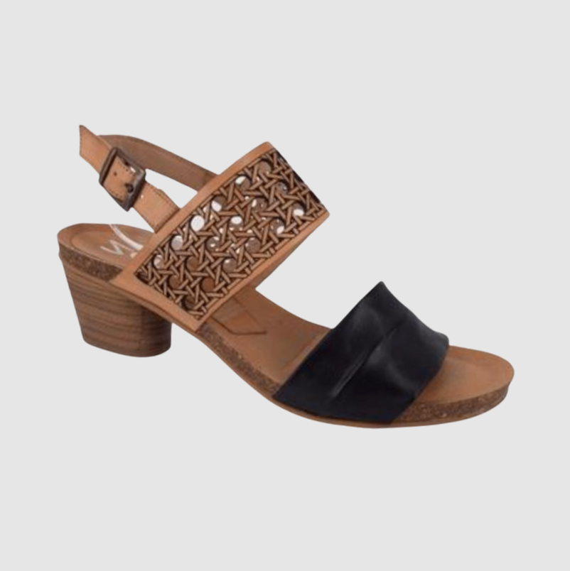 natural and Black mid heel sandal with mid height heel
