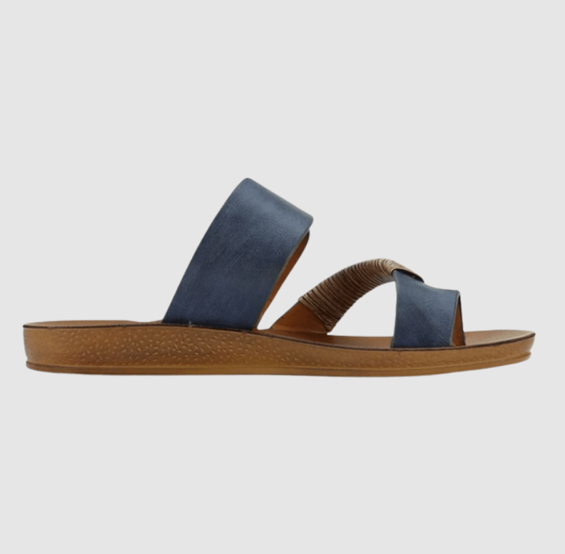 Womens navy slip on slide with buckle trim by Los Cabos Shoes