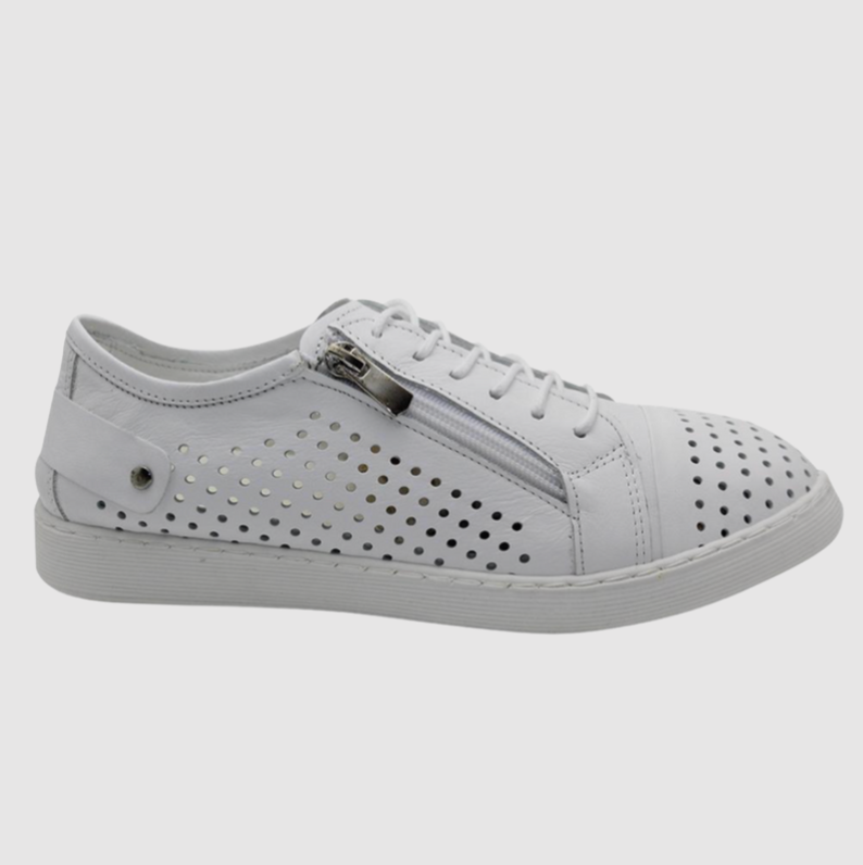 White soft leather sneakers with side zip and removable footbed