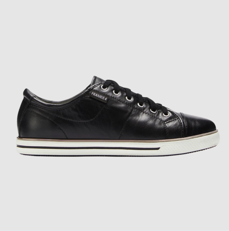Black leather sneaker with white sole
