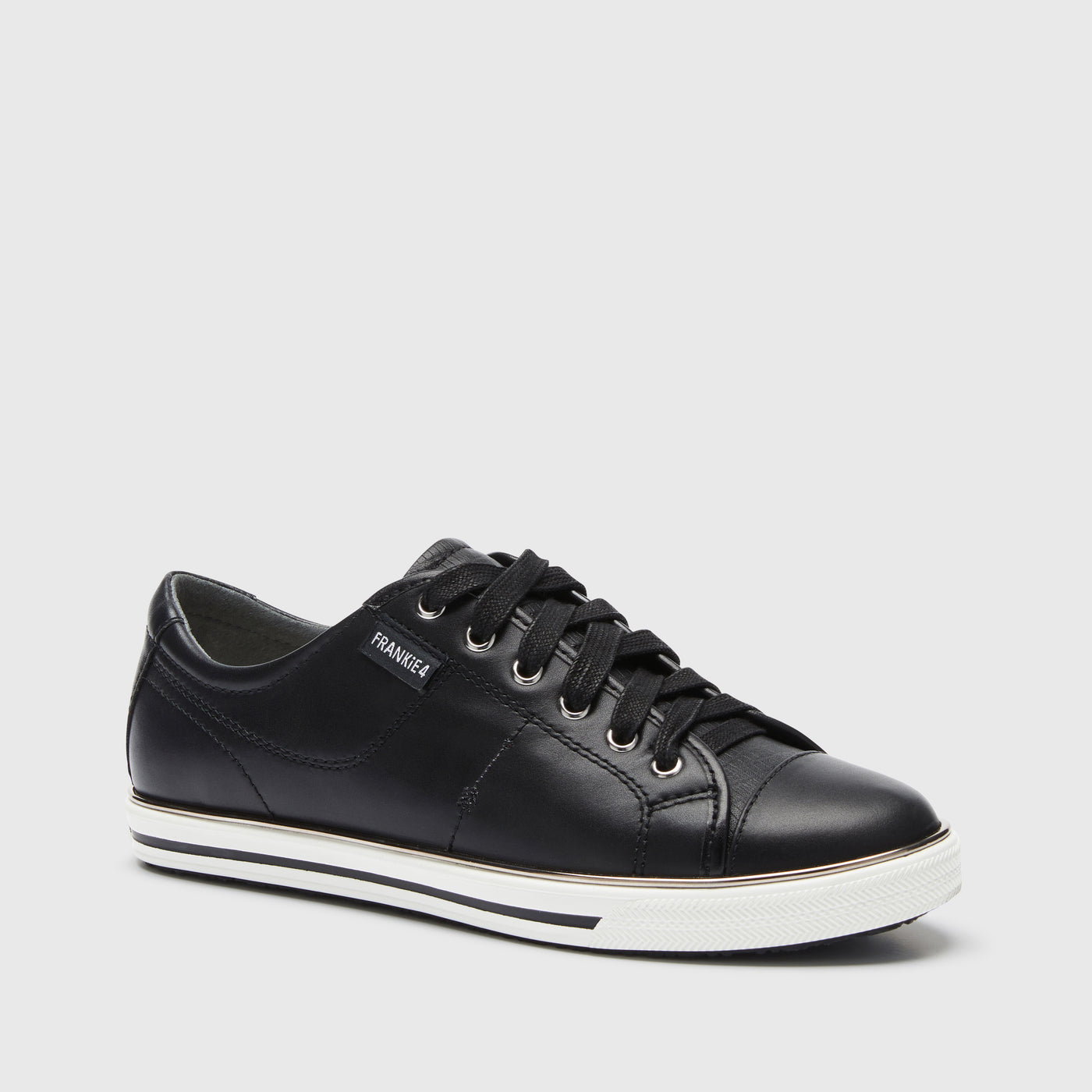 black leather sneaker with white sole black lace